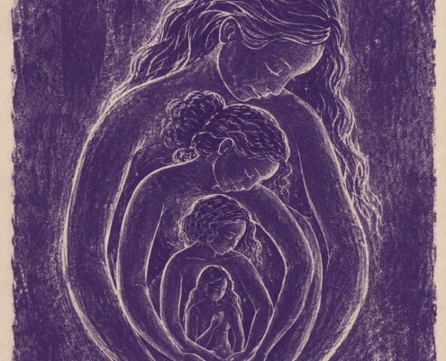 Stylized illustration of four nested human figures, each gently turning inward toward a smaller figure at the center, symbolizing contemplative inquiry, self-awareness, and the unfolding journey into deeper layers of experience.